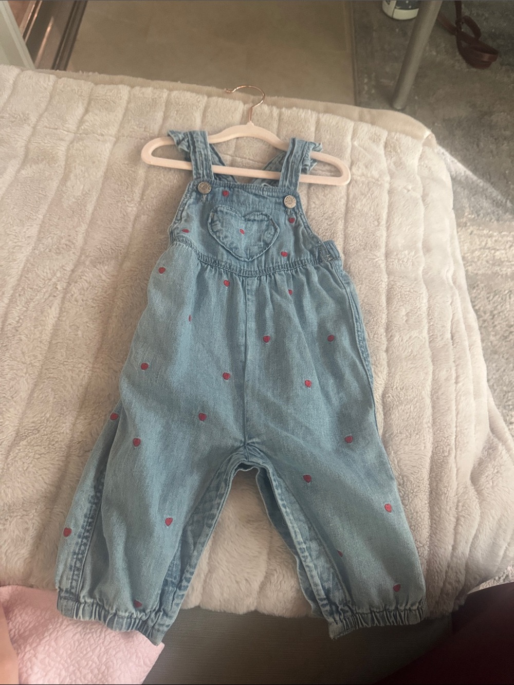 GAP Light Blue Denim Overalls with Red Heart Dots